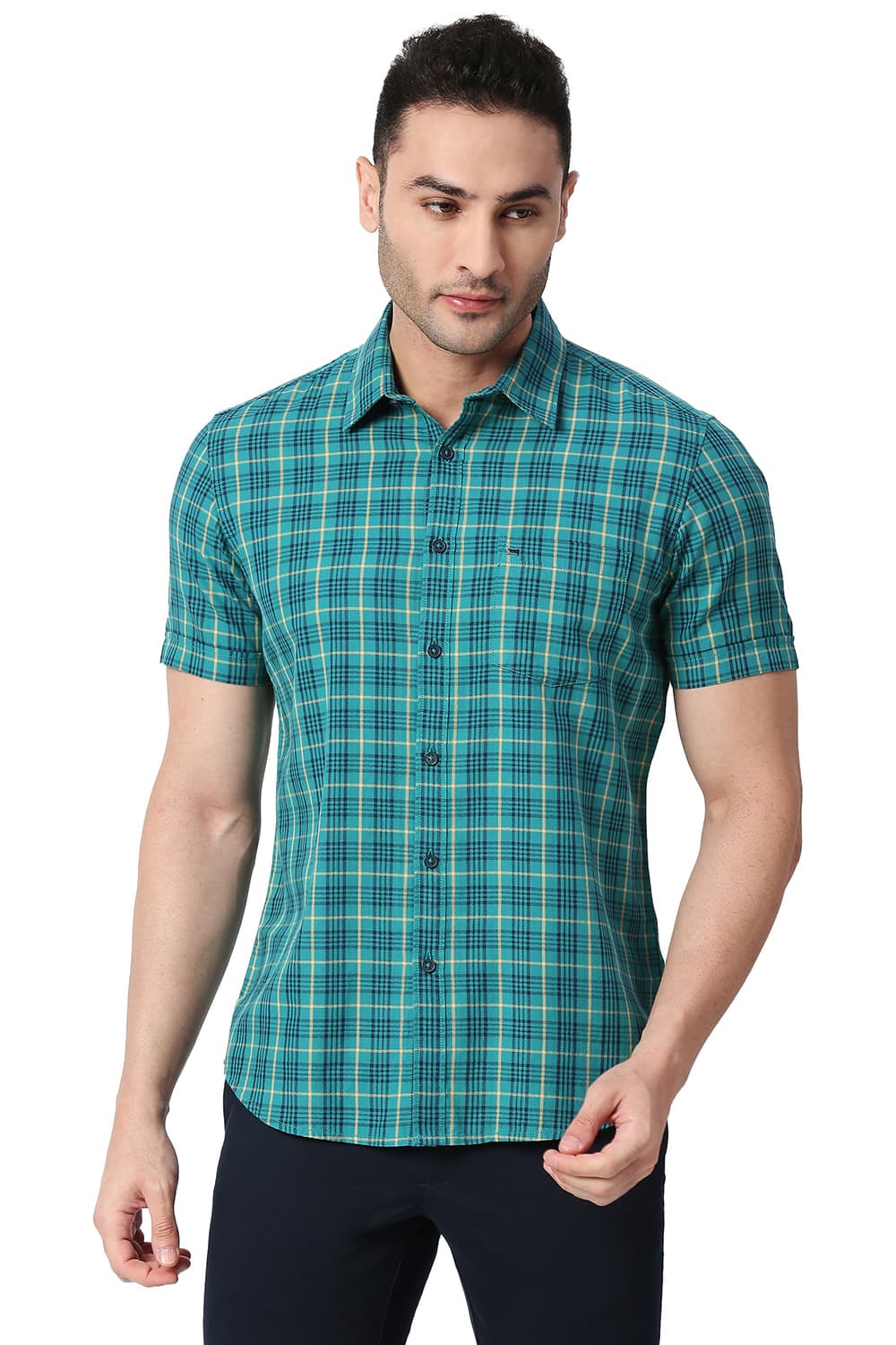 BASICS SLIM FIT COTTON TWILL CHECKS SHIRT