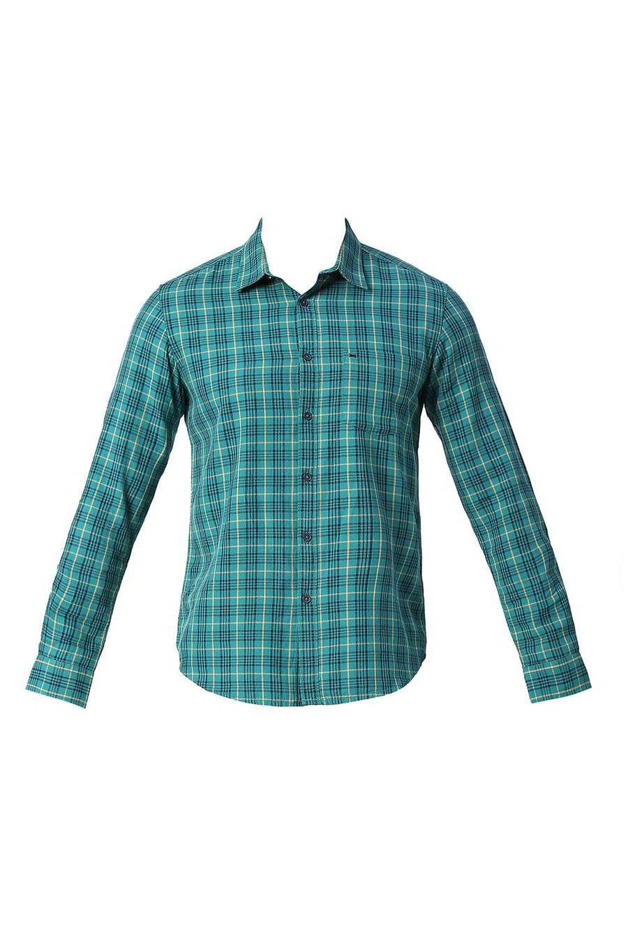 BASICS SLIM FIT FANFARE GREEN COTTON TWILL CHECKS SHIRT