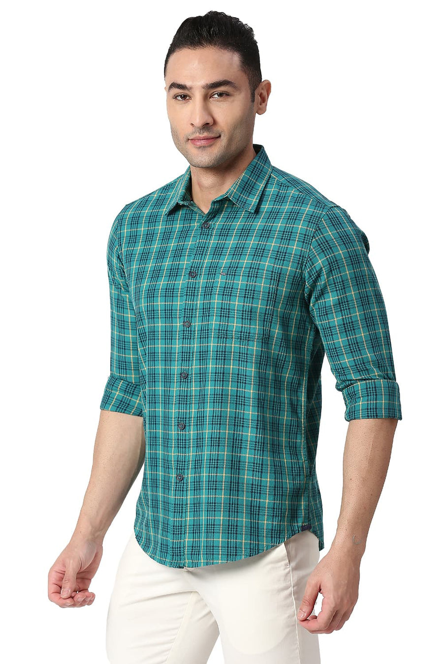 BASICS SLIM FIT FANFARE GREEN COTTON TWILL CHECKS SHIRT