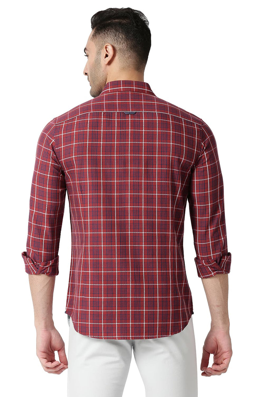 BASICS SLIM FIT SPICED RED COTTON TWILL CHECKS SHIRT
