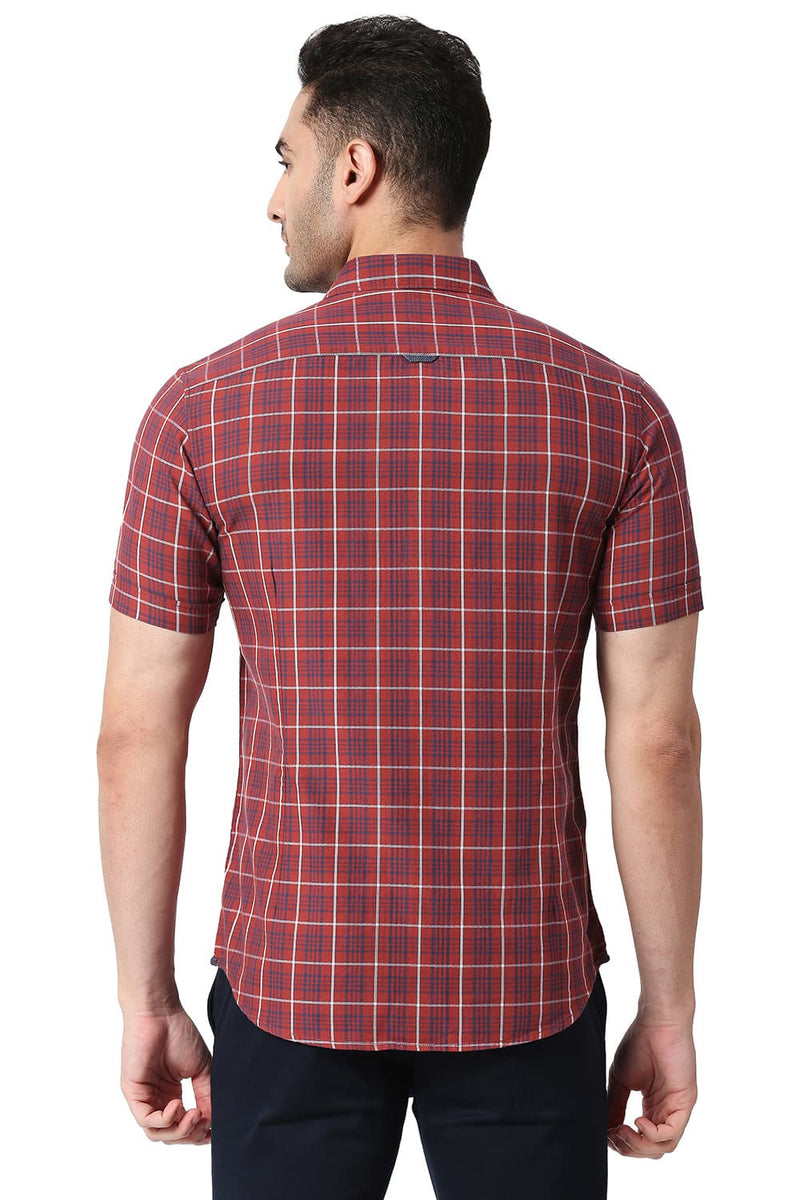 BASICS SLIM FIT COTTON TWILL CHECKS HALFSLEEVES SHIRT