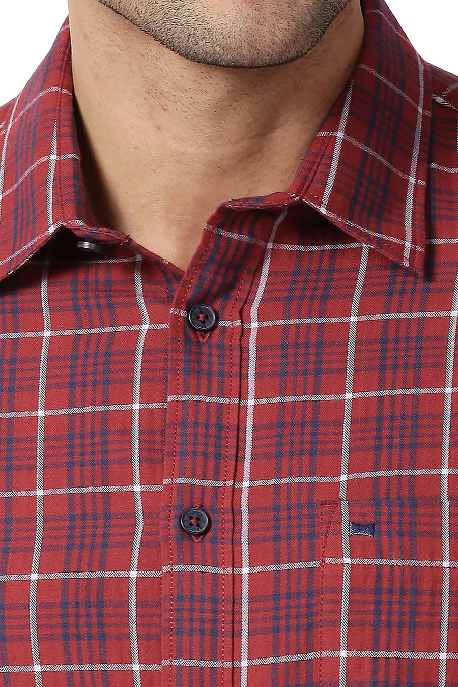 BASICS SLIM FIT SPICED RED COTTON TWILL CHECKS SHIRT