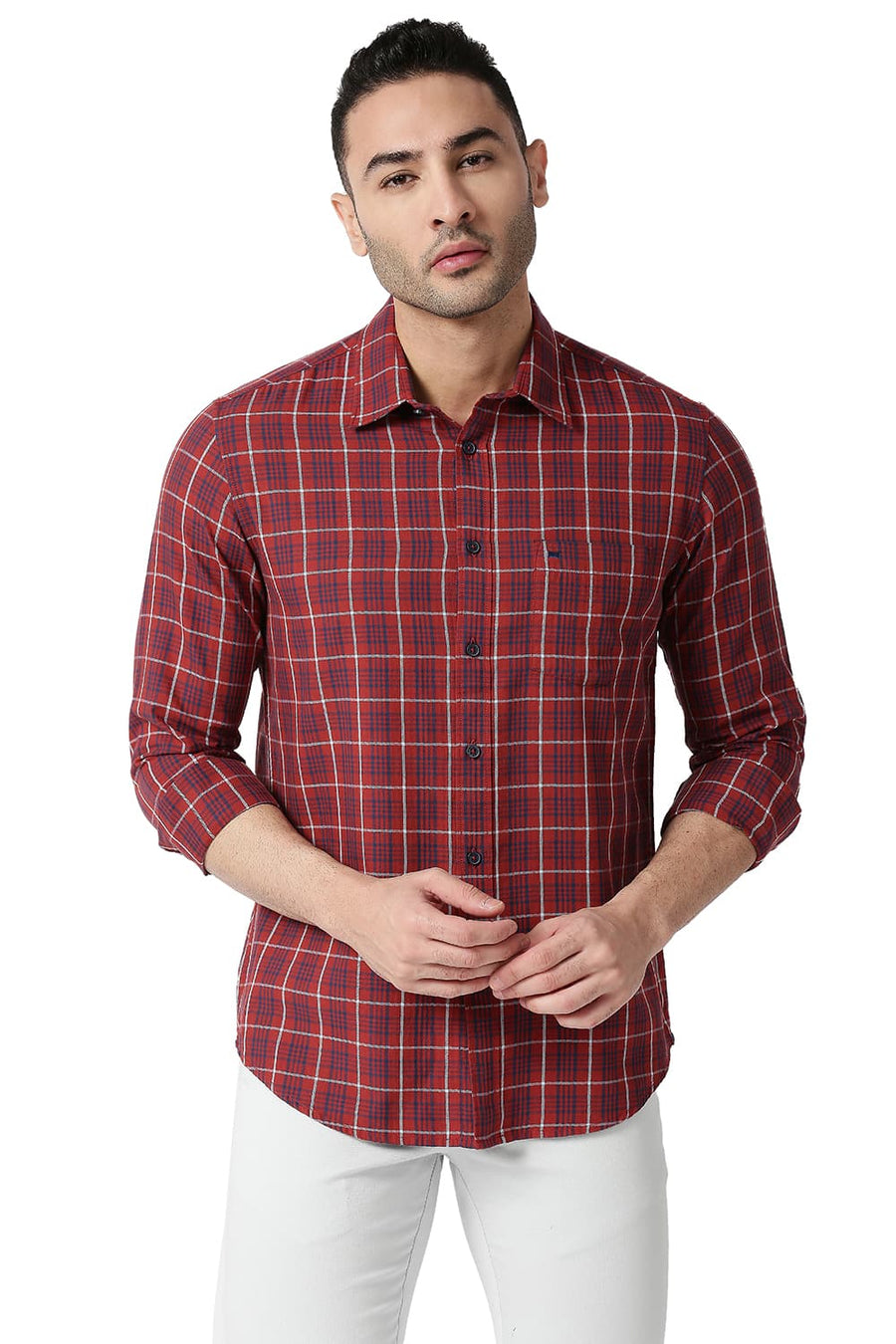 BASICS SLIM FIT SPICED RED COTTON TWILL CHECKS SHIRT