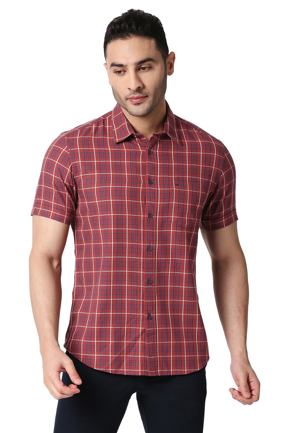 BASICS SLIM FIT COTTON TWILL CHECKS HALFSLEEVES SHIRT