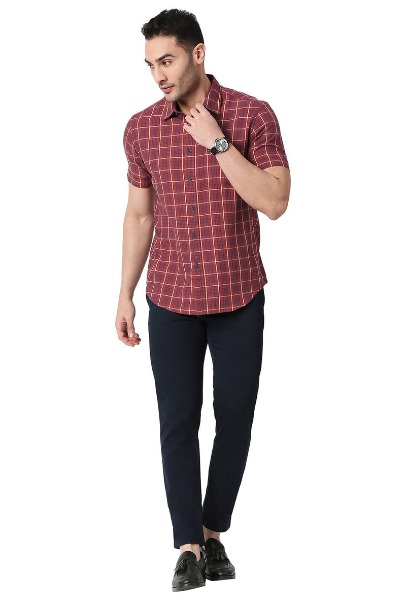 BASICS SLIM FIT COTTON TWILL CHECKS HALFSLEEVES SHIRT