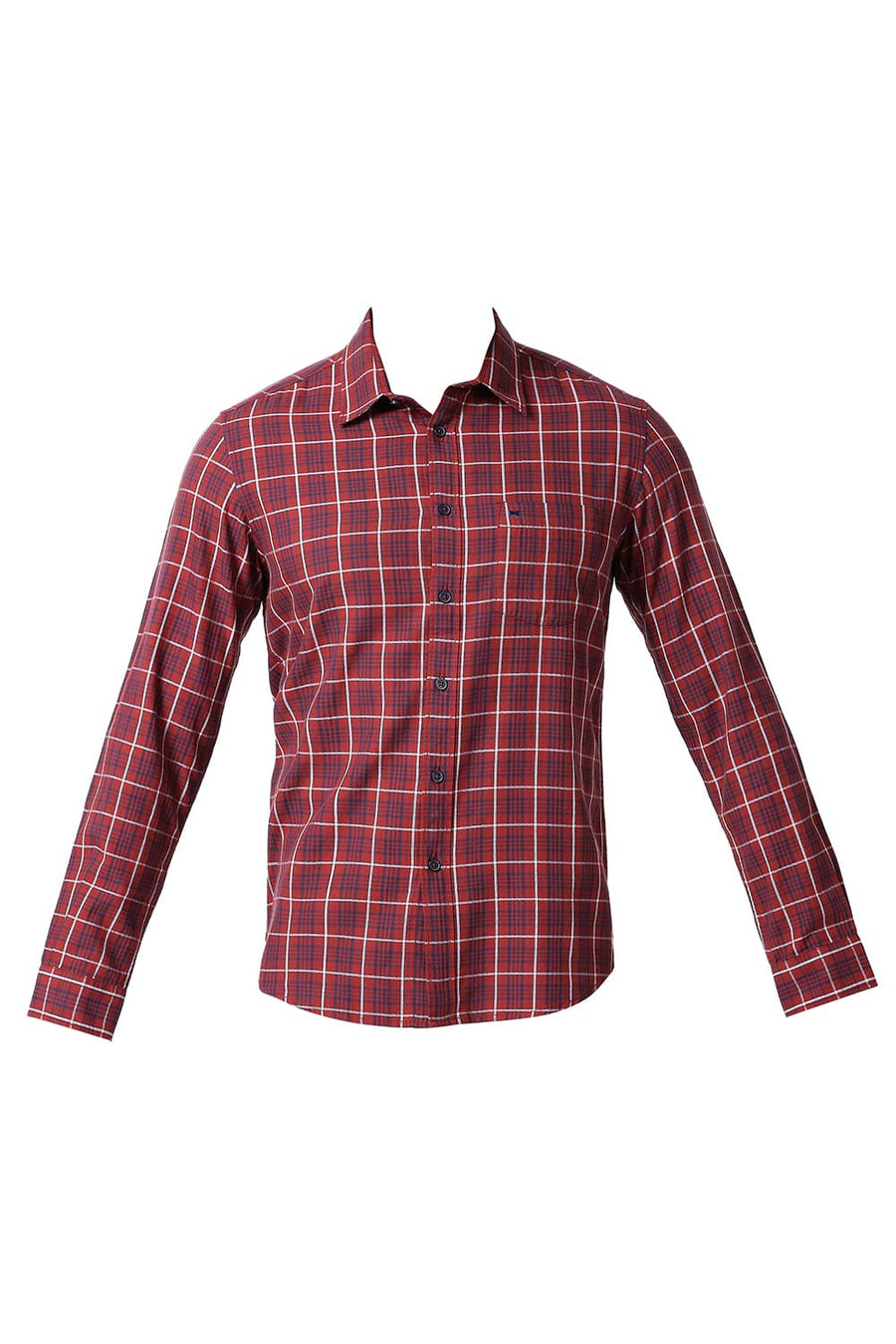 BASICS SLIM FIT SPICED RED COTTON TWILL CHECKS SHIRT
