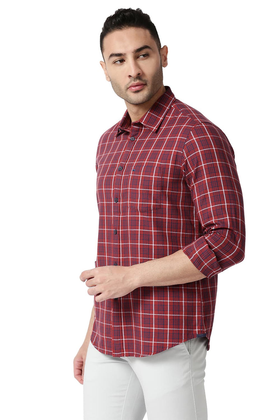 BASICS SLIM FIT SPICED RED COTTON TWILL CHECKS SHIRT