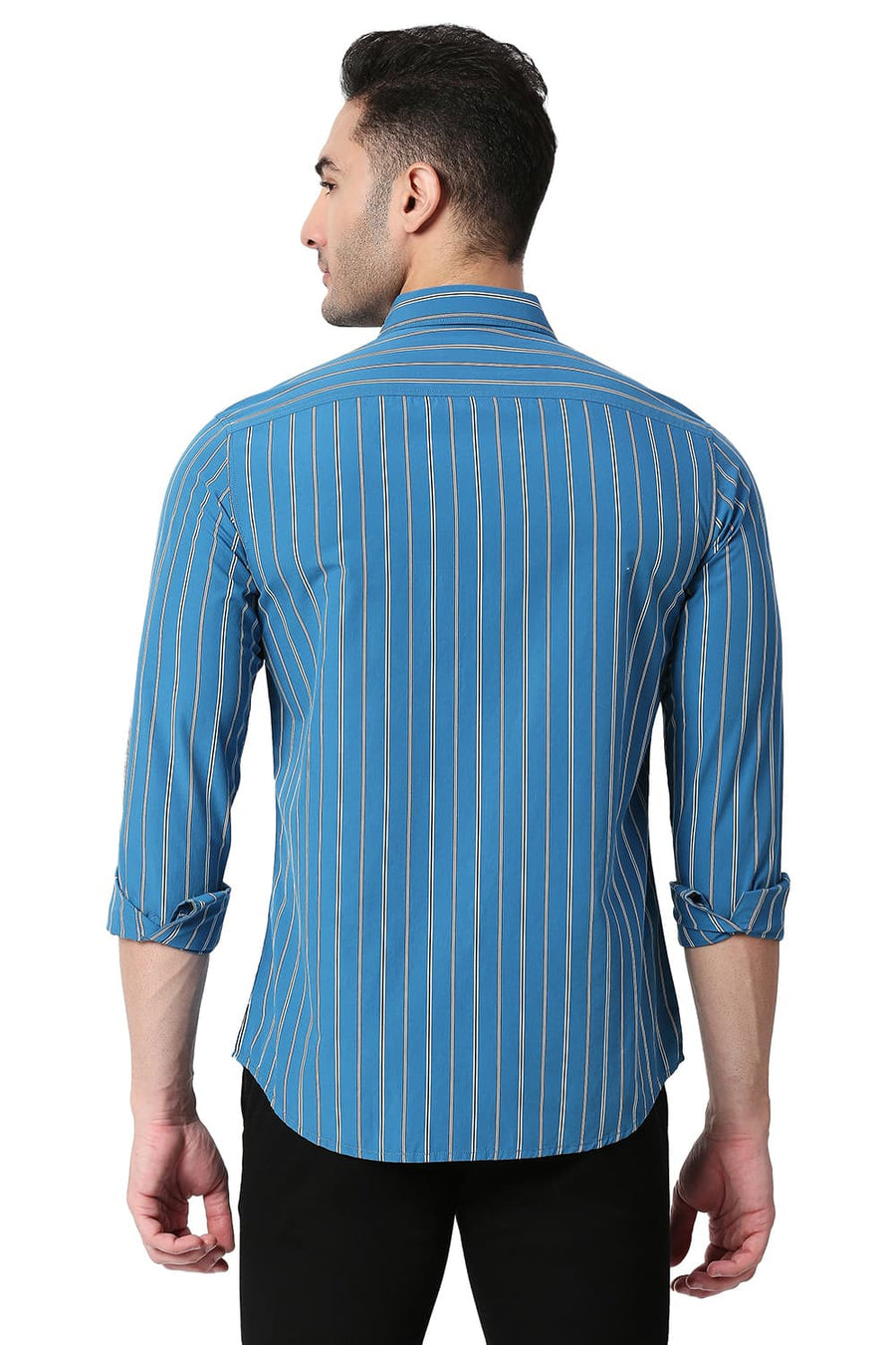 BASICS SLIM FIT SAPPHIRE BLUE COTTON STRIPE SHIRT
