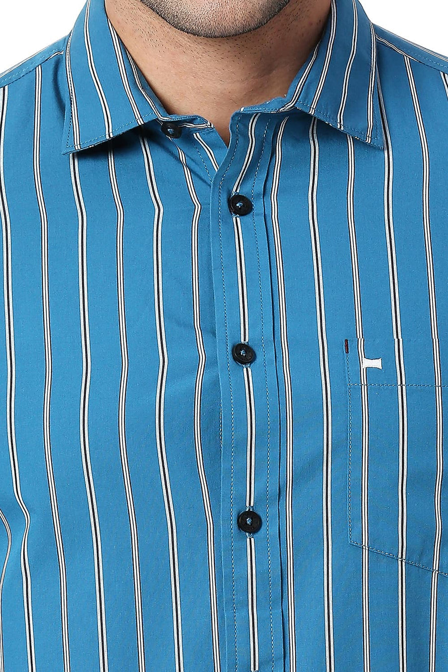 BASICS SLIM FIT SAPPHIRE BLUE COTTON STRIPE SHIRT