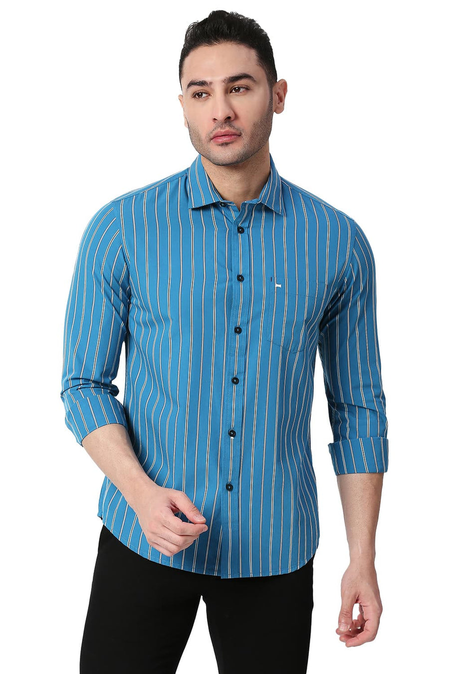 BASICS SLIM FIT SAPPHIRE BLUE COTTON STRIPE SHIRT