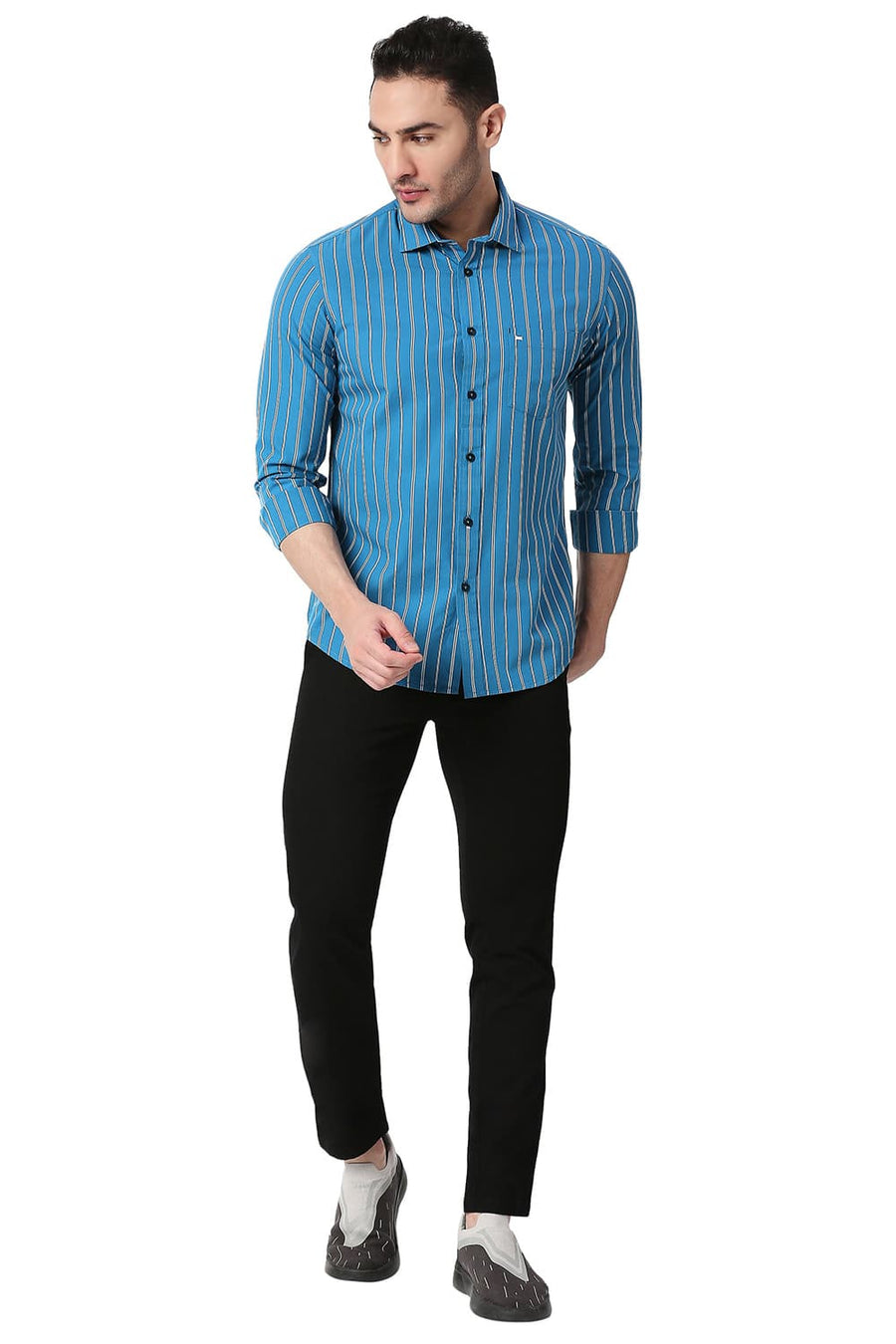 BASICS SLIM FIT SAPPHIRE BLUE COTTON STRIPE SHIRT