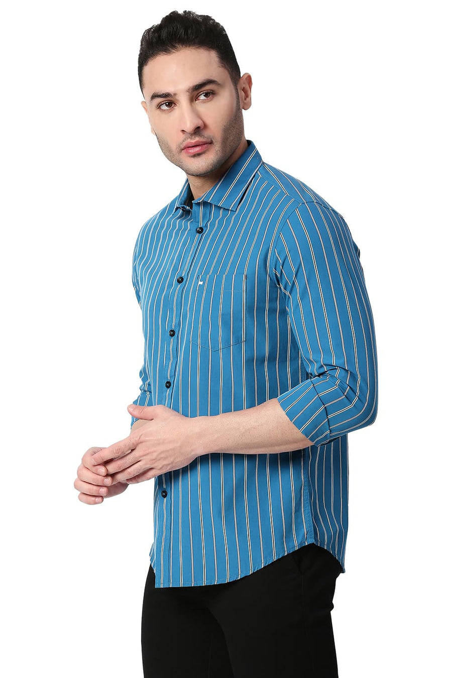 BASICS SLIM FIT SAPPHIRE BLUE COTTON STRIPE SHIRT