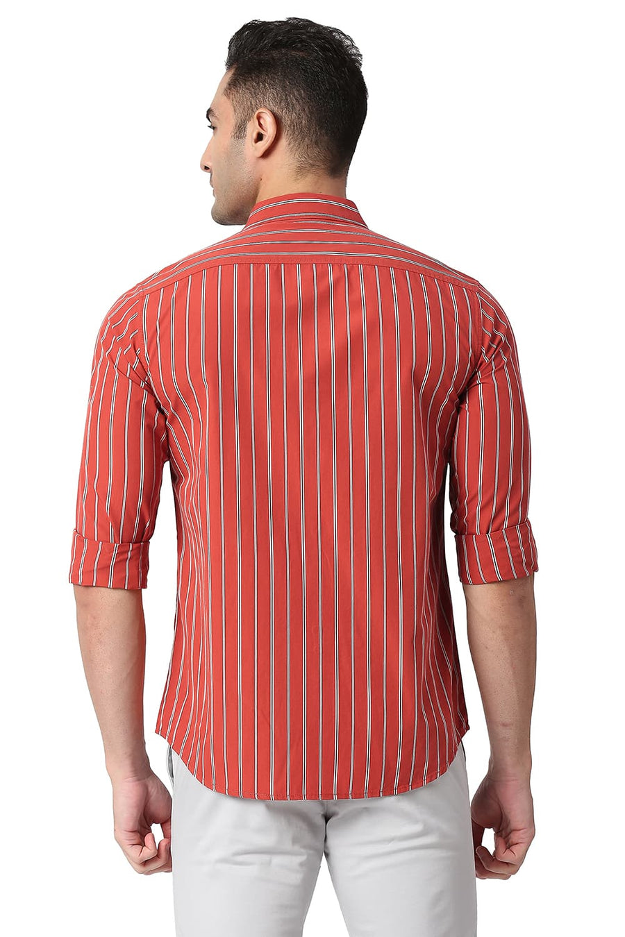 BASICS SLIM FIT BURNT RED COTTON STRIPE SHIRT