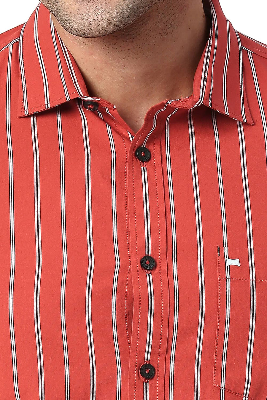 BASICS SLIM FIT BURNT RED COTTON STRIPE SHIRT