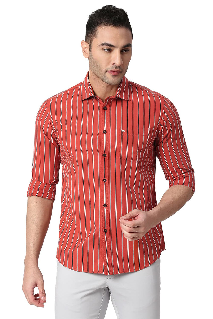 BASICS SLIM FIT BURNT RED COTTON STRIPE SHIRT