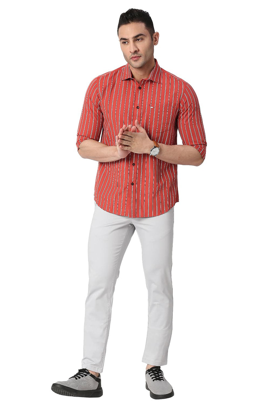 BASICS SLIM FIT BURNT RED COTTON STRIPE SHIRT