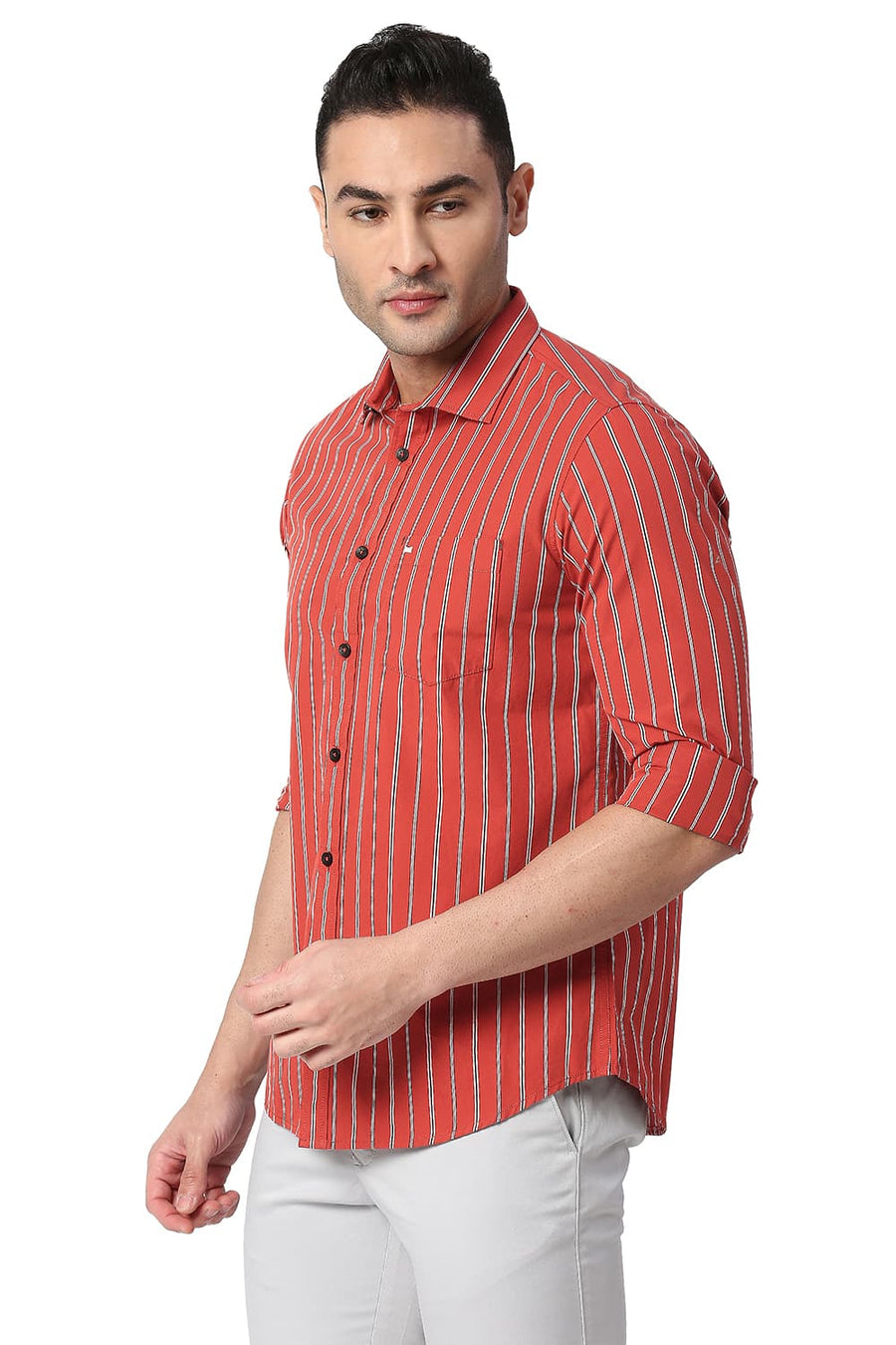 BASICS SLIM FIT BURNT RED COTTON STRIPE SHIRT