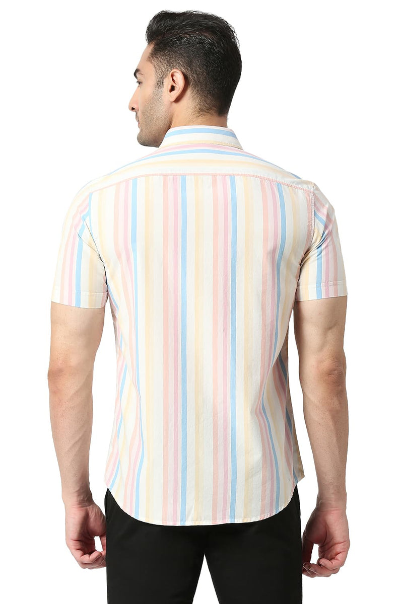 BASICS SLIM FIT COTTON STRIPE HALFSLEEVES SHIRT