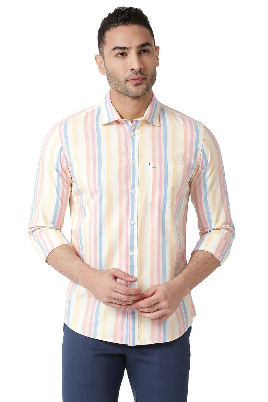 BASICS SLIM FIT MELBA PINK COTTON STRIPE SHIRT