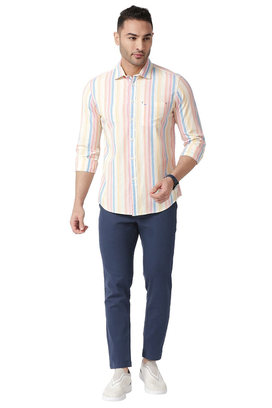 BASICS SLIM FIT MELBA PINK COTTON STRIPE SHIRT