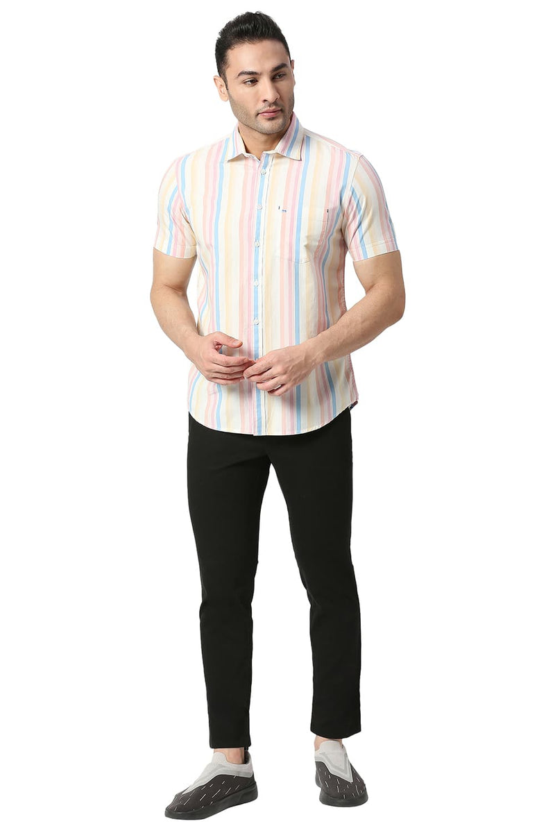 BASICS SLIM FIT COTTON STRIPE HALFSLEEVES SHIRT