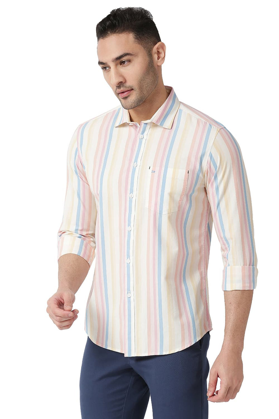 BASICS SLIM FIT MELBA PINK COTTON STRIPE SHIRT