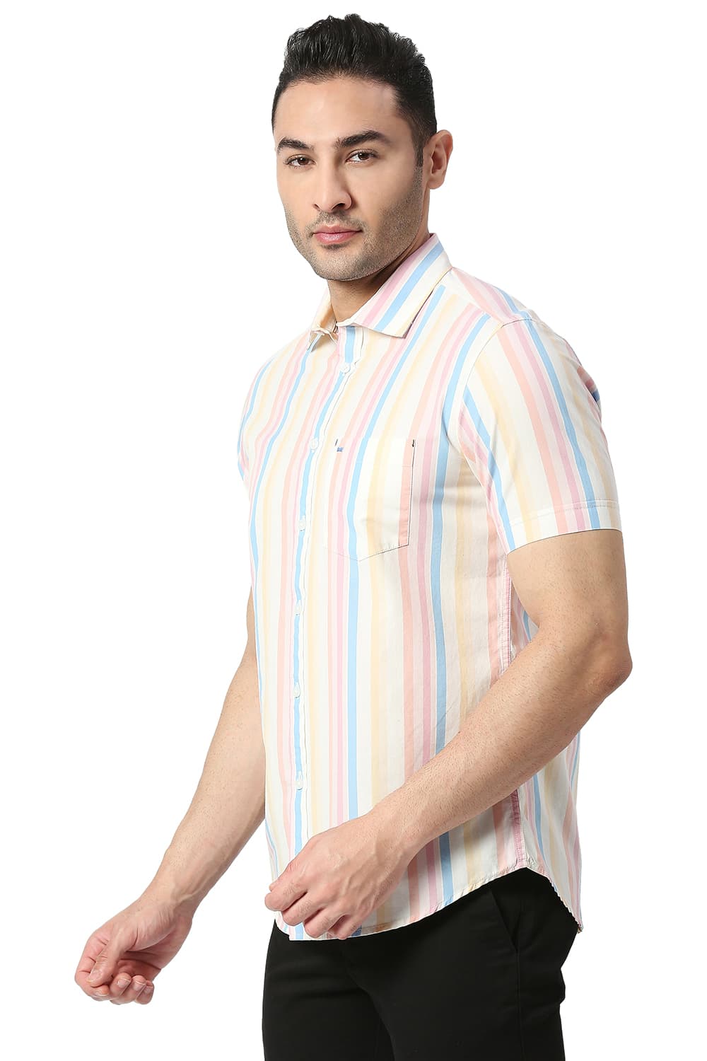 BASICS SLIM FIT COTTON STRIPE HALFSLEEVES SHIRT