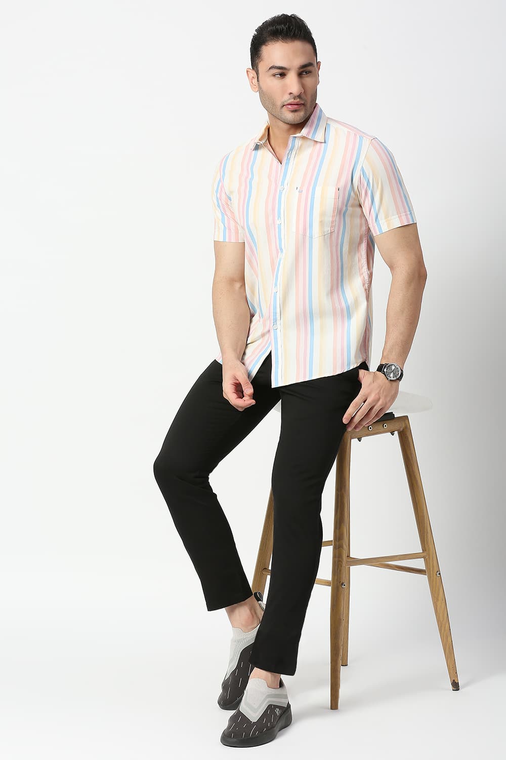 Slim Fit Cotton Stripe Halfsleeves Shirt