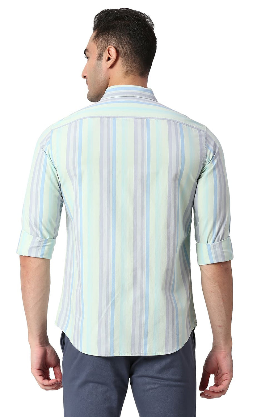 BASICS SLIM FIT SUBTLE GREEN COTTON STRIPE SHIRT