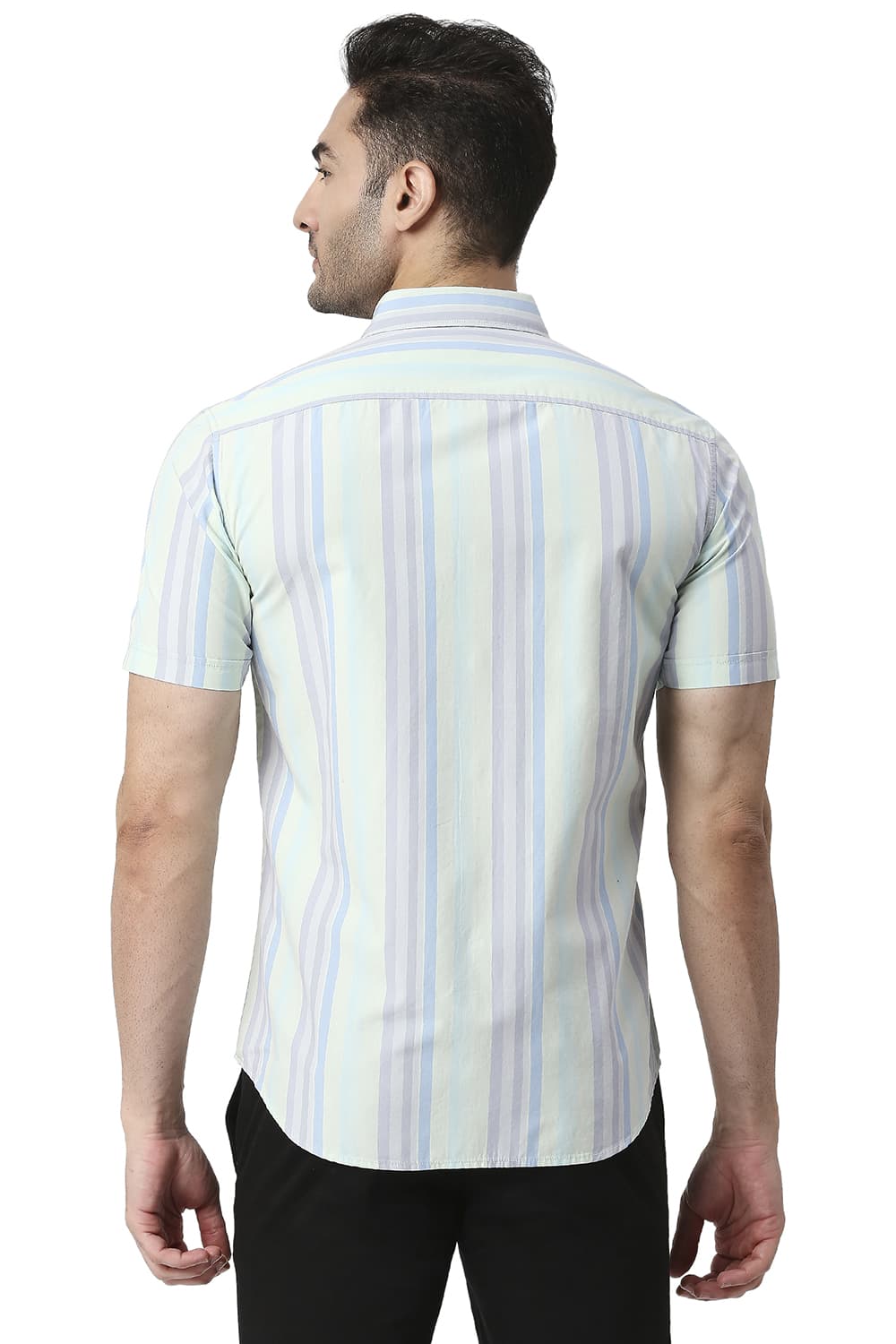 BASICS SLIM FIT COTTON STRIPE HALFSLEEVES SHIRT