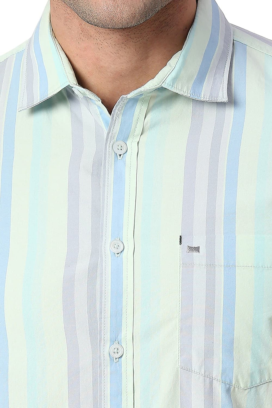 BASICS SLIM FIT SUBTLE GREEN COTTON STRIPE SHIRT