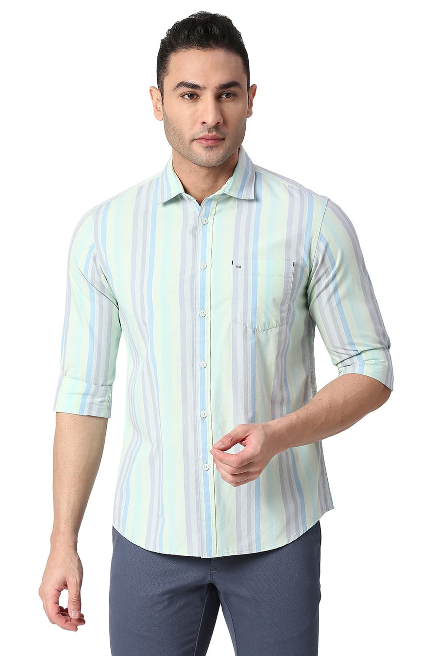 BASICS SLIM FIT SUBTLE GREEN COTTON STRIPE SHIRT