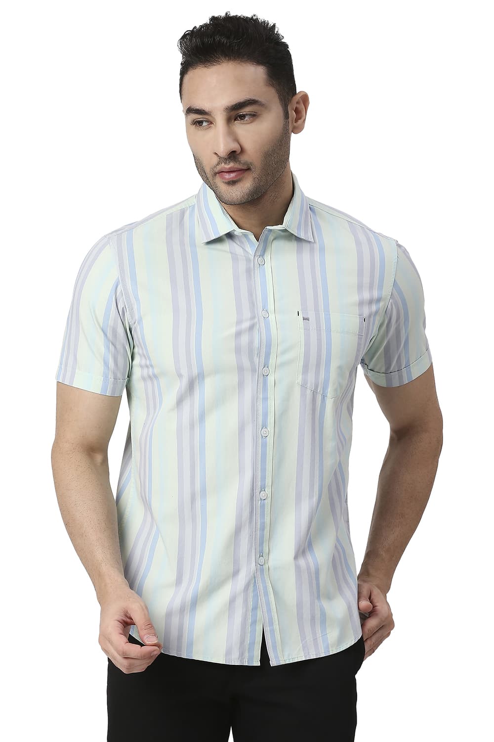 BASICS SLIM FIT COTTON STRIPE HALFSLEEVES SHIRT