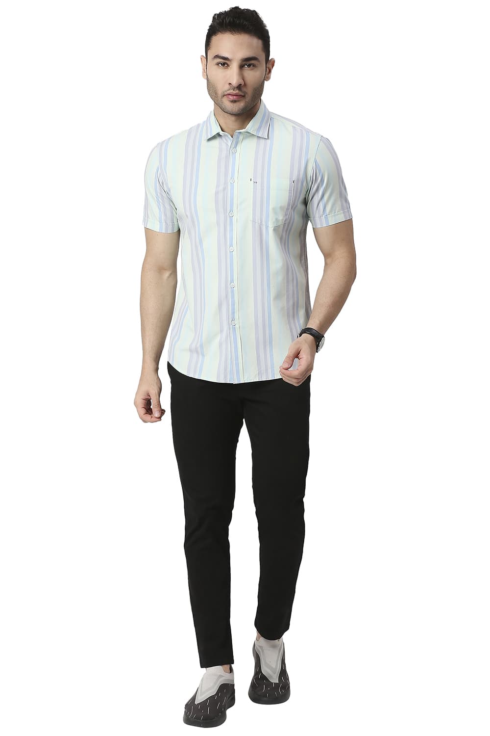 BASICS SLIM FIT COTTON STRIPE HALFSLEEVES SHIRT