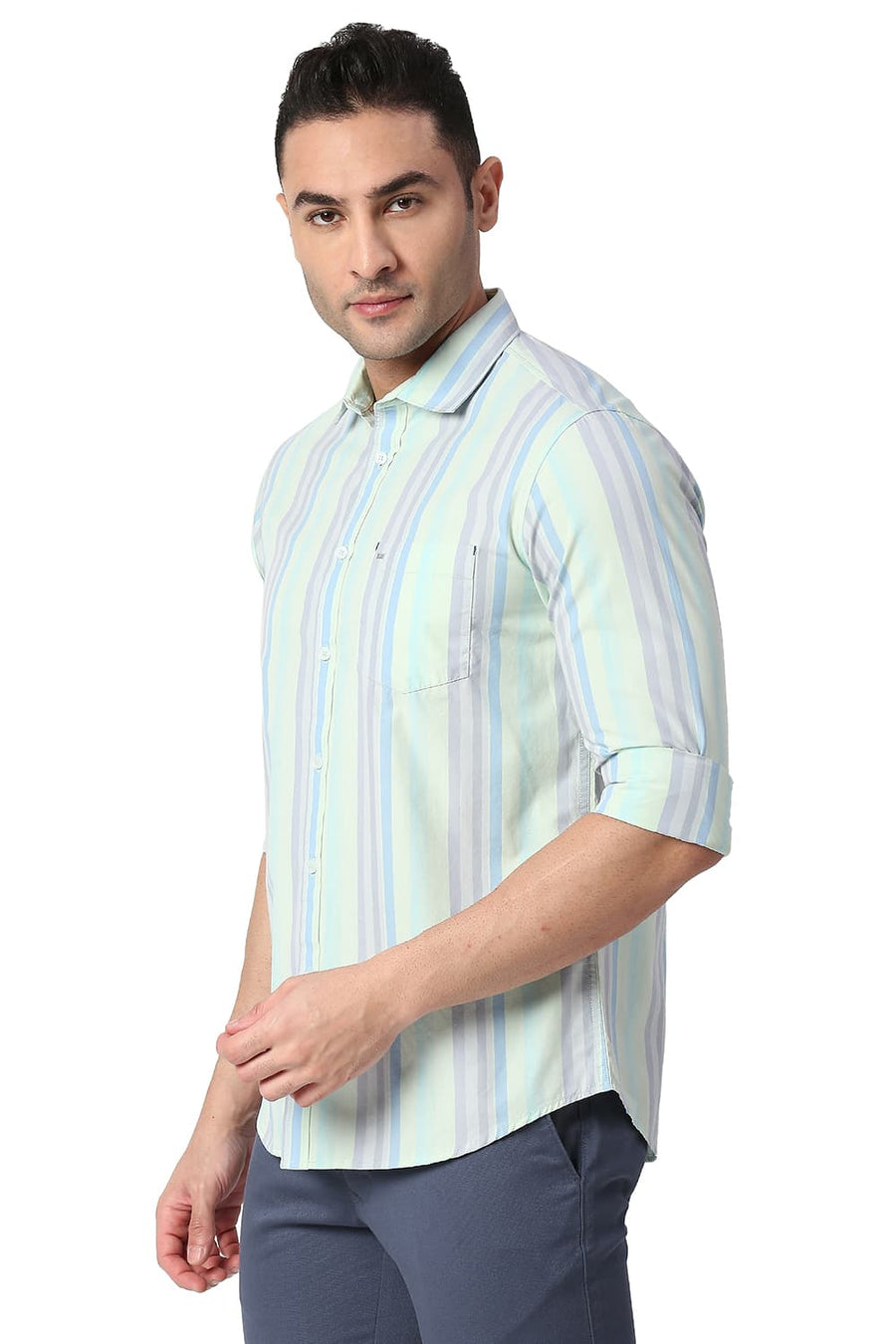 BASICS SLIM FIT SUBTLE GREEN COTTON STRIPE SHIRT