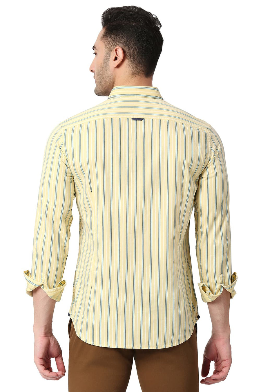 BASICS SLIM FIT FRENCH YELLOW COTTON TWILL STRIPE SHIRT