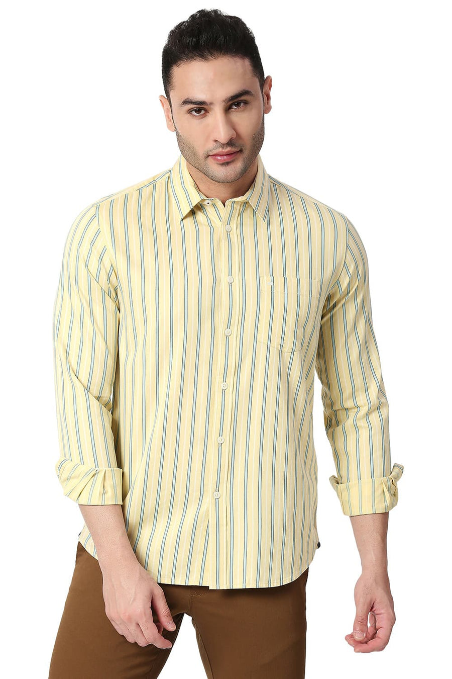 BASICS SLIM FIT FRENCH YELLOW COTTON TWILL STRIPE SHIRT