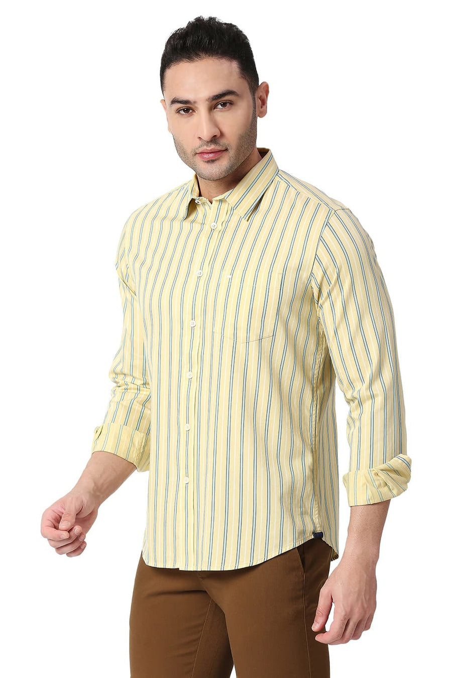 BASICS SLIM FIT FRENCH YELLOW COTTON TWILL STRIPE SHIRT