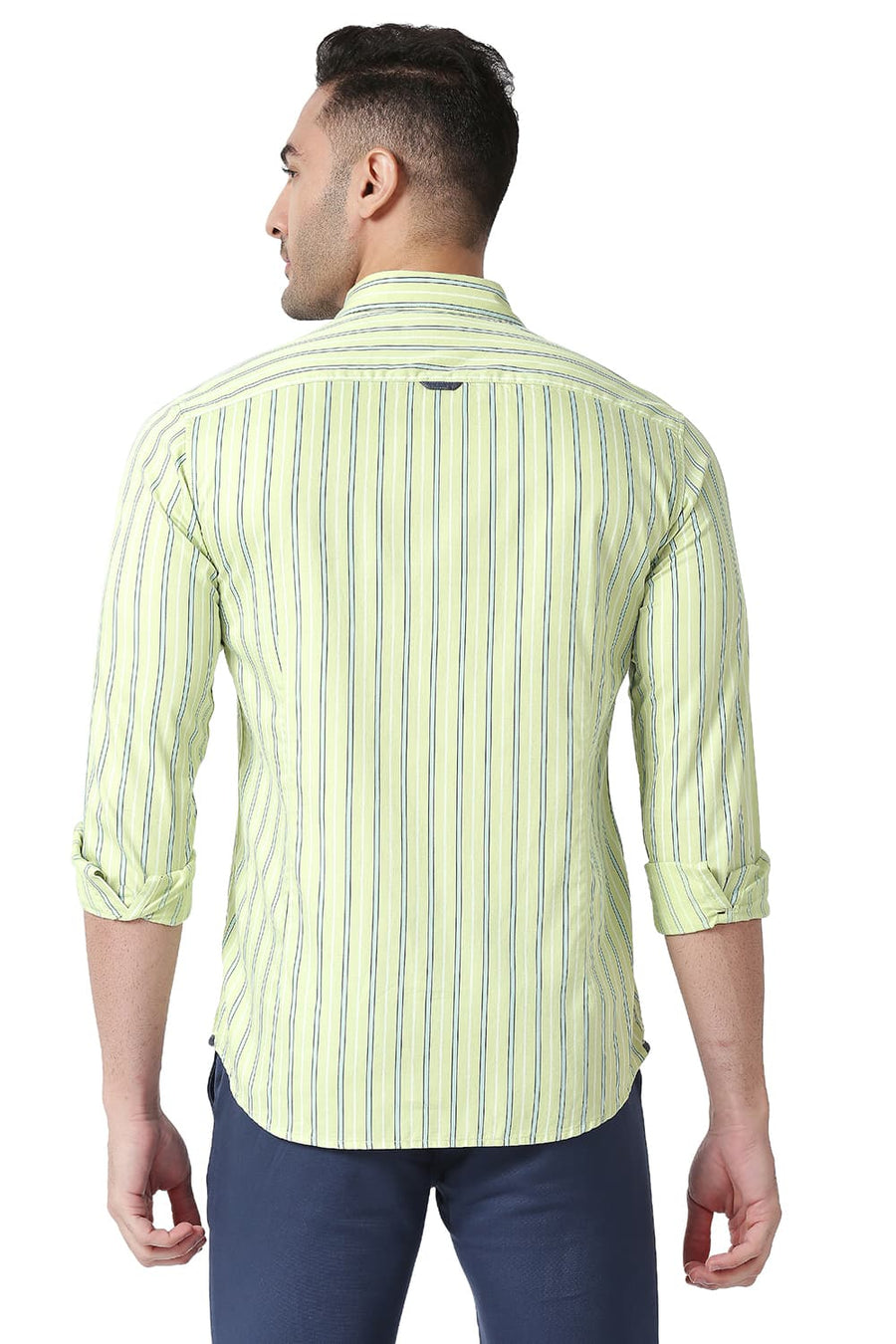 BASICS SLIM FIT NILE GREEN COTTON TWILL STRIPE SHIRT