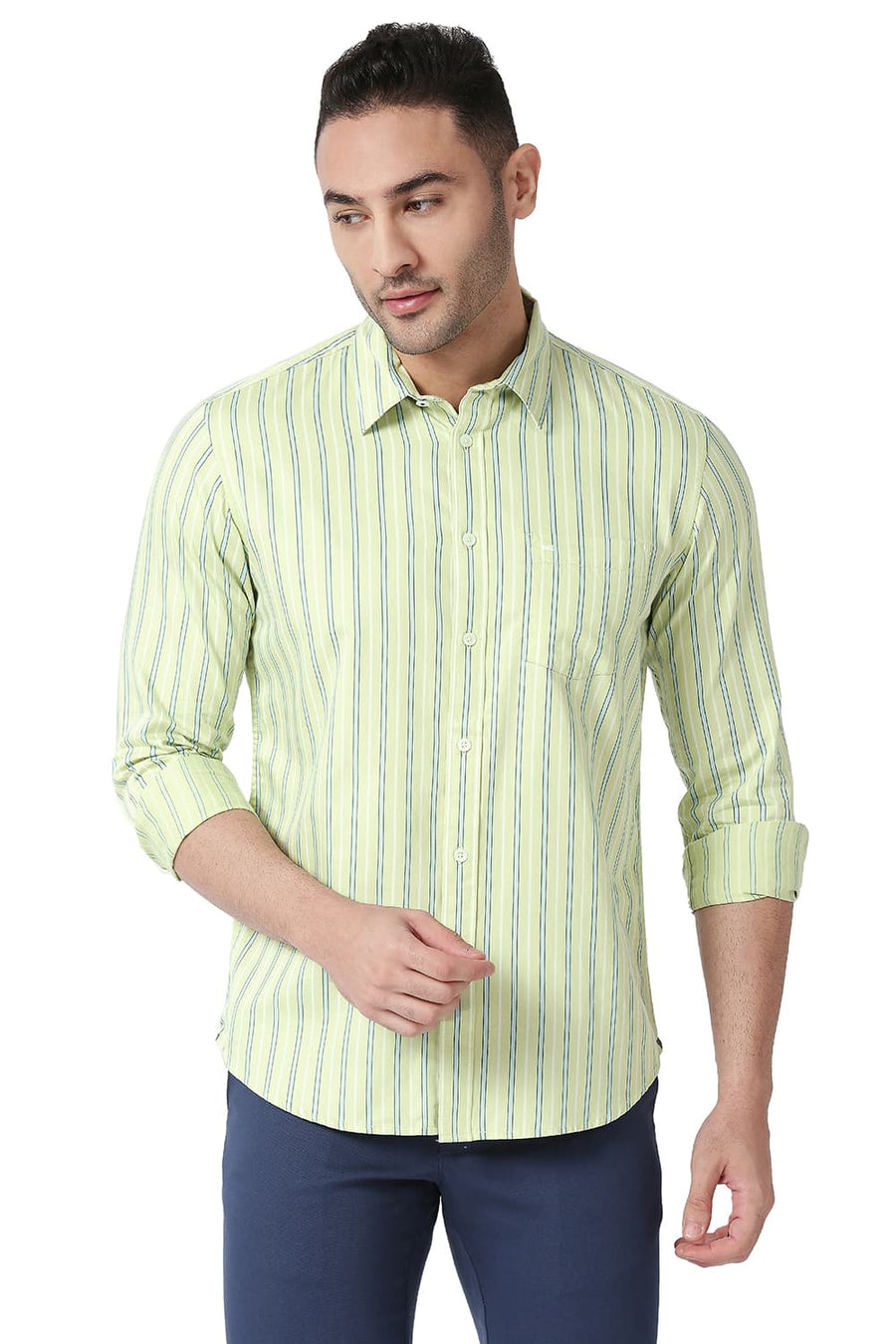 BASICS SLIM FIT NILE GREEN COTTON TWILL STRIPE SHIRT