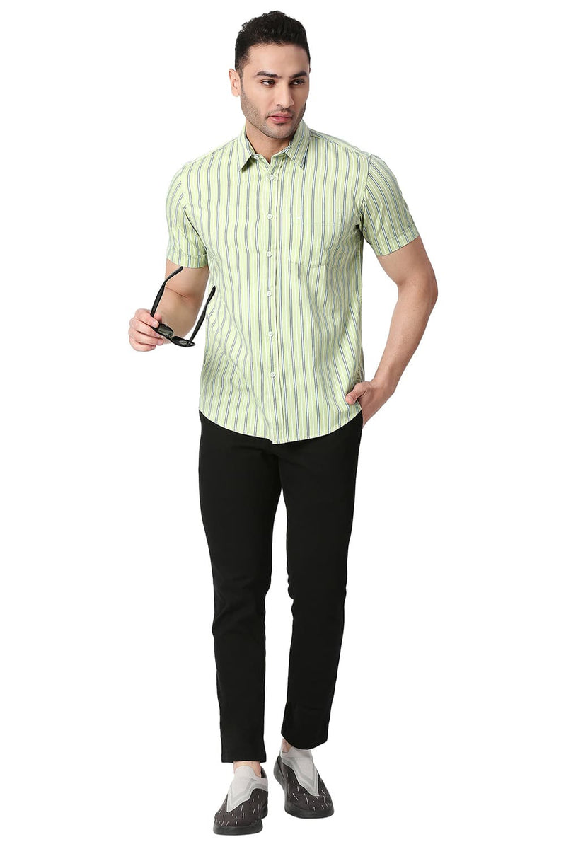 BASICS SLIM FIT COTTON TWILL STRIPE HALFSLEEVES SHIRT