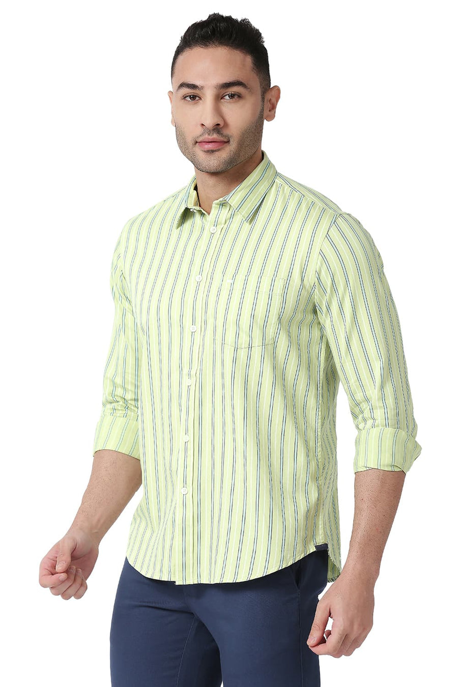 BASICS SLIM FIT NILE GREEN COTTON TWILL STRIPE SHIRT