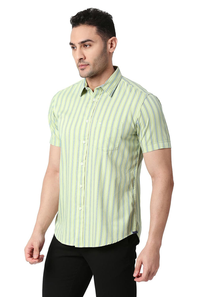 BASICS SLIM FIT COTTON TWILL STRIPE HALFSLEEVES SHIRT