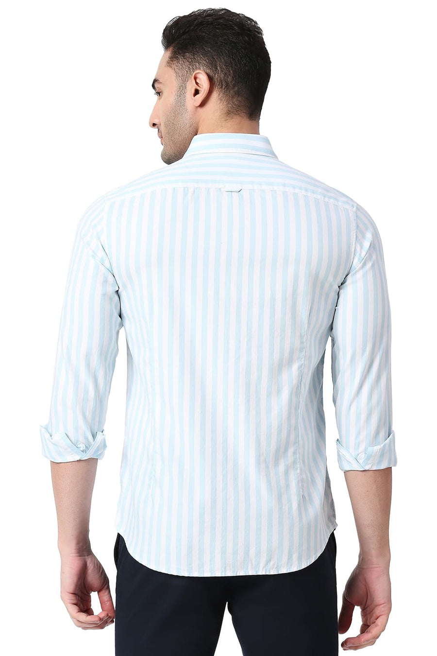 BASICS SLIM FIT CRYSTAL BLUE COTTON TWILL STRIPE SHIRT