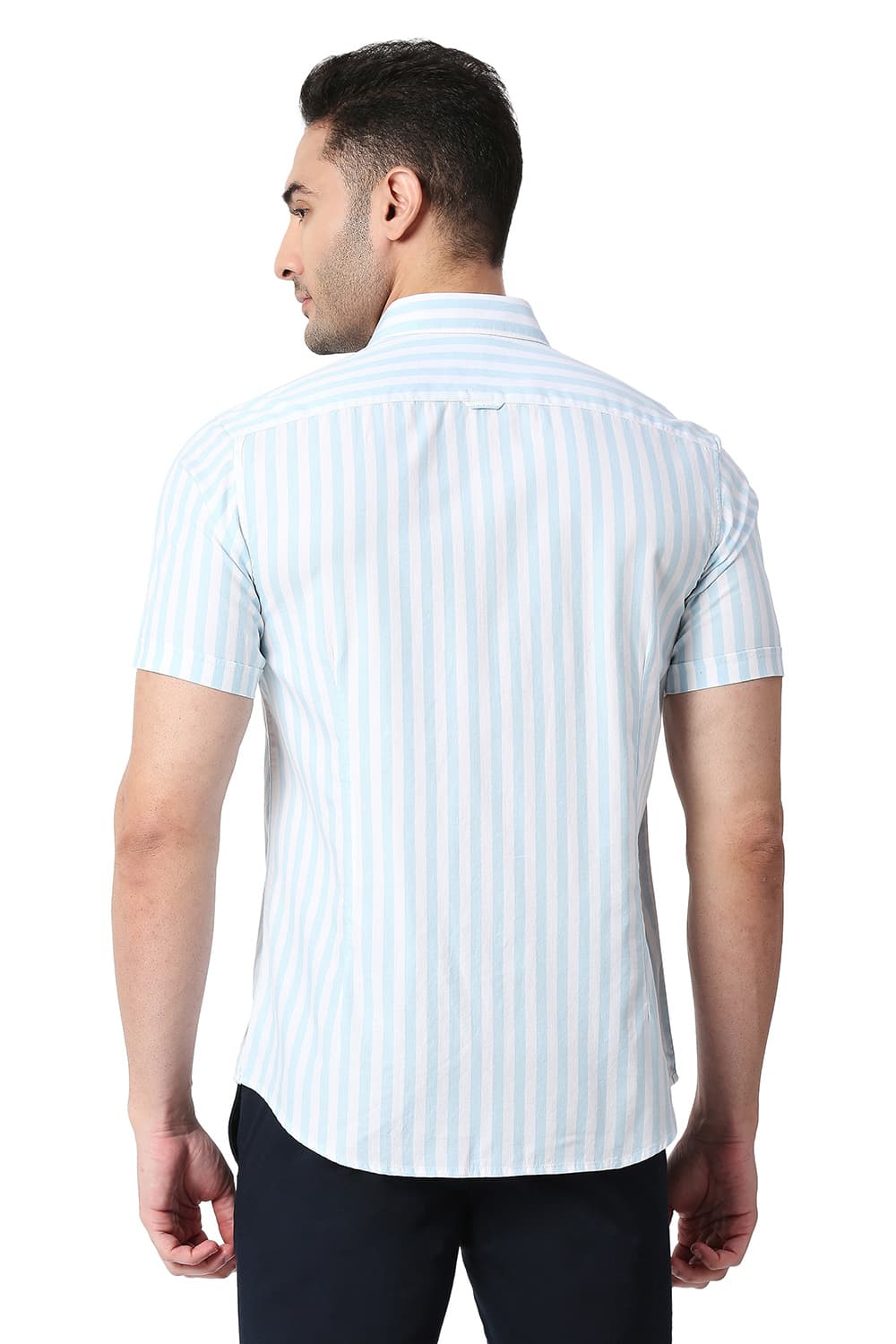 BASICS SLIM FIT COTTON TWILL STRIPE HALFSLEEVES SHIRT