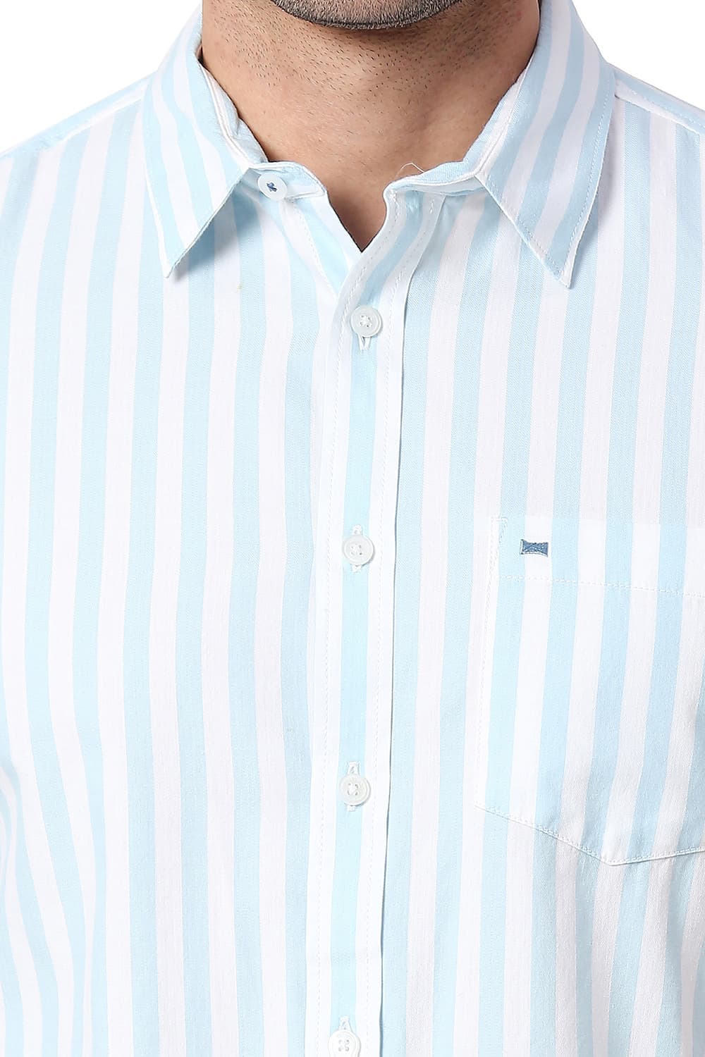 BASICS SLIM FIT COTTON TWILL STRIPE HALFSLEEVES SHIRT