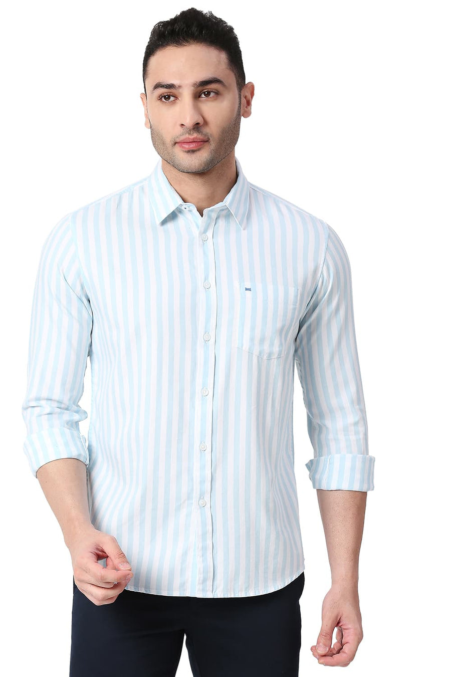 BASICS SLIM FIT CRYSTAL BLUE COTTON TWILL STRIPE SHIRT