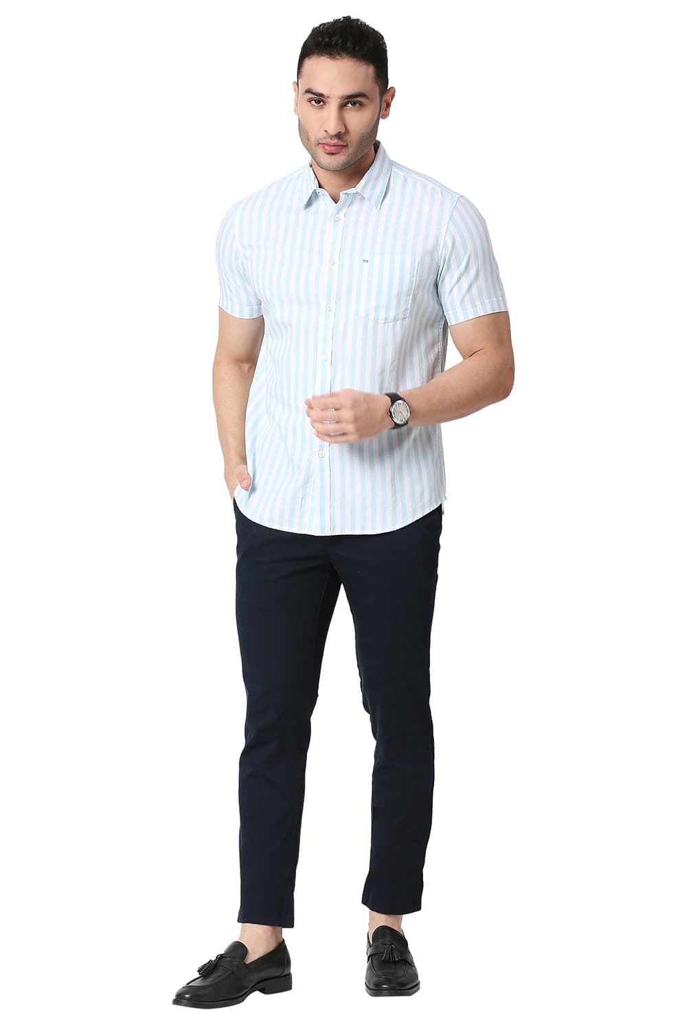 BASICS SLIM FIT COTTON TWILL STRIPE HALFSLEEVES SHIRT