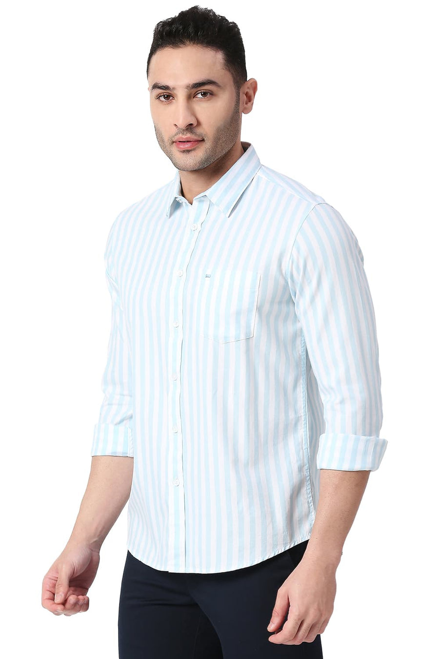 BASICS SLIM FIT CRYSTAL BLUE COTTON TWILL STRIPE SHIRT