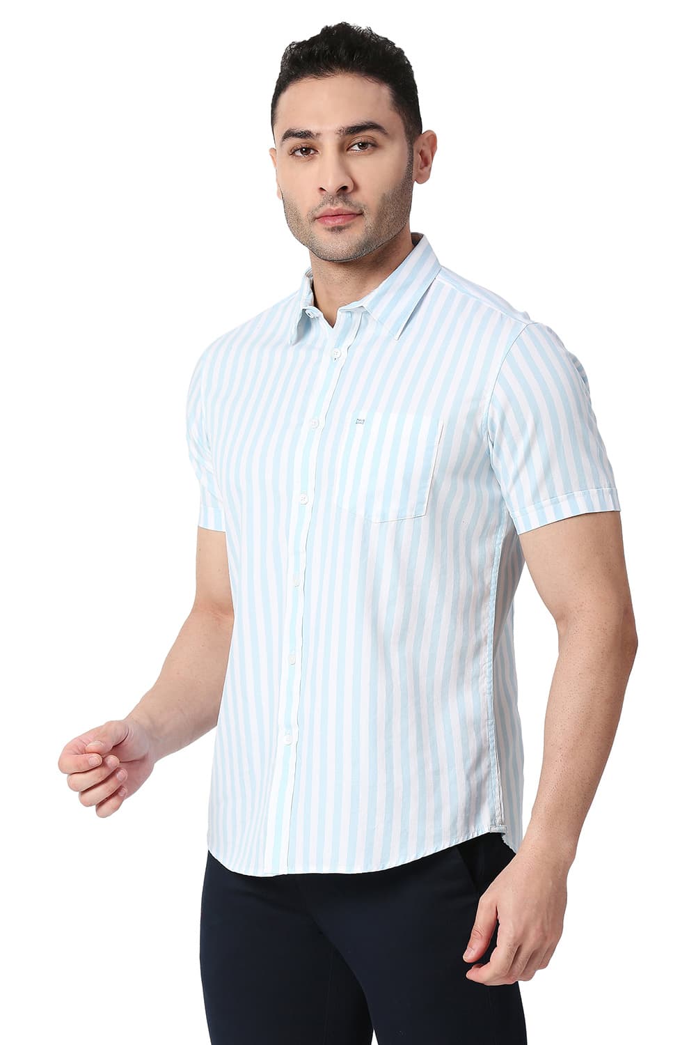 BASICS SLIM FIT COTTON TWILL STRIPE HALFSLEEVES SHIRT